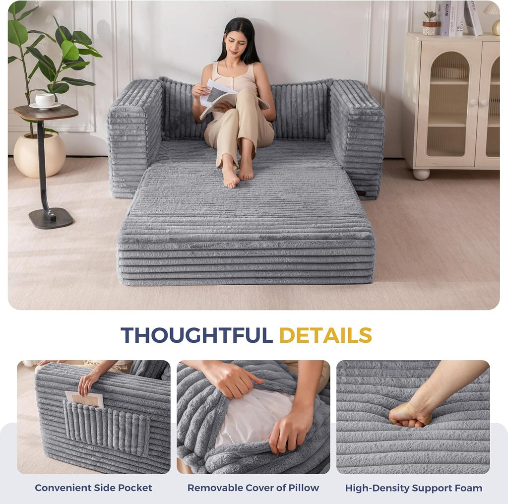 MAXYOYO Convertible Sofa Bed, Pull-Out Loveseat Couch Bed for Small Space | 2 in 1 Folding Couch Bed with Large Back Pillow, Plush Faux Fabric Lounge Couch for Living Room, Apartment, Grey
