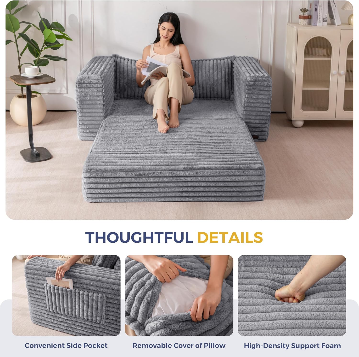 MAXYOYO Convertible Sofa Bed, Pull-Out Loveseat Couch Bed for Small Space | 2 in 1 Folding Couch Bed with Large Back Pillow, Plush Faux Fabric Lounge Couch for Living Room, Apartment, Grey