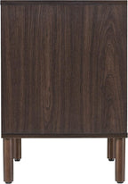 Sango Merk 2-Drawer Nightstand, Modern Walnut Bedside Table with Cylindrical Wood Legs, Vertical & Horizontal Groove Patterns, Discreet Metal Finger Pulls, Smart Storage for Office or Living Room