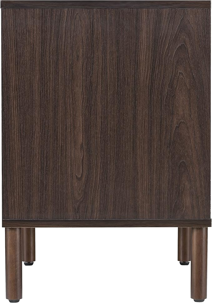 Sango Merk 2-Drawer Nightstand, Modern Walnut Bedside Table with Cylindrical Wood Legs, Vertical & Horizontal Groove Patterns, Discreet Metal Finger Pulls, Smart Storage for Office or Living Room