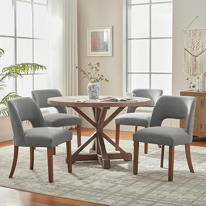 VKNOW Wooden Dining Chairs Set of 4, Modern Fabric Upholstered Dining Room Chair Kitchen Chairs, Farmhouse Dinner Chair for Kitchen Dining Room, Fabric Grey