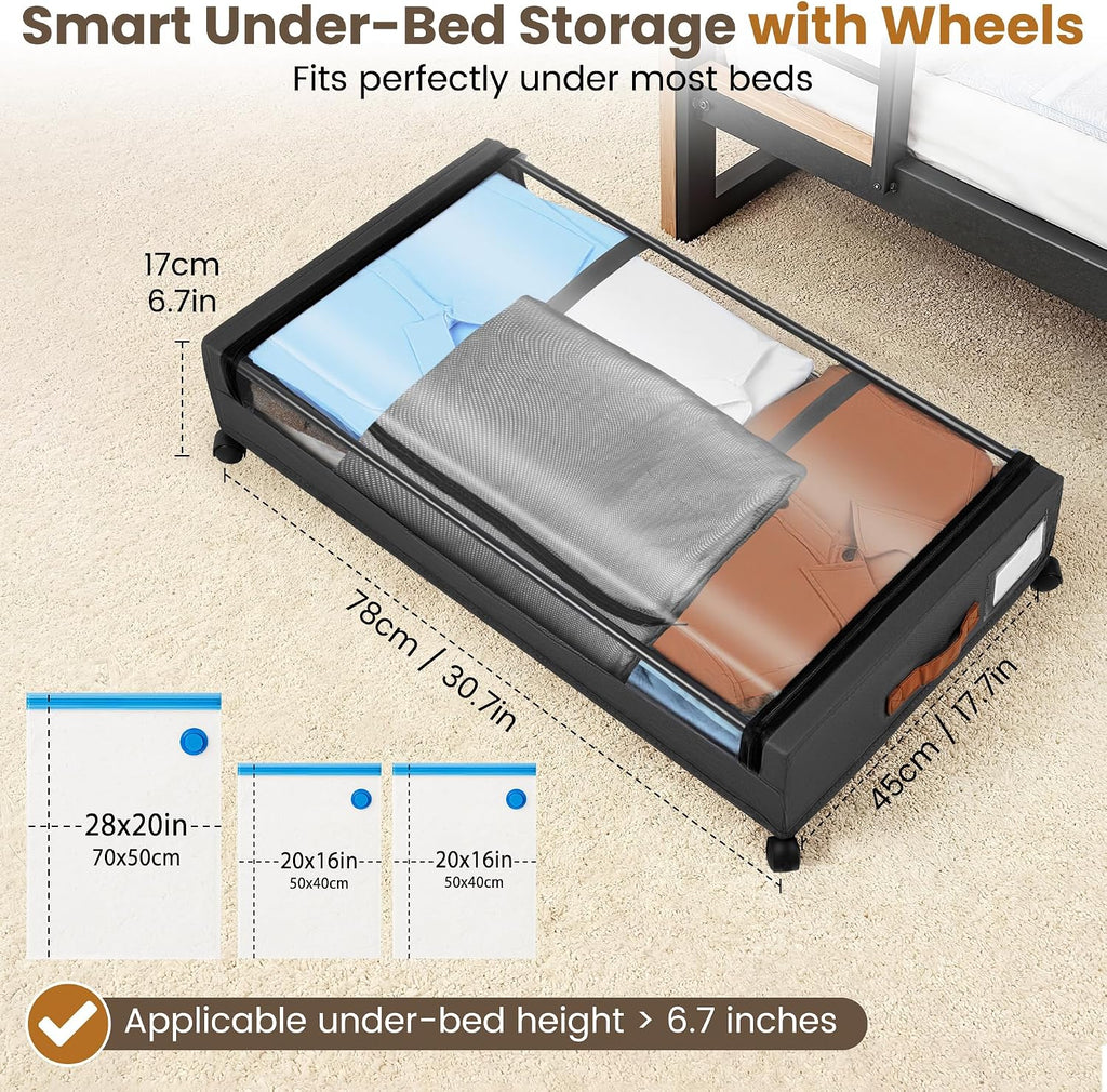 Under Bed Storage with Wheels, XXL Under Bed Drawers, Rolling Metal Drawer for Shoes, Clothes, Books, Toys, Under Bed Organizer with Clear Lids for Dorm Room, Bedroom, Kids Room, 2 Pack