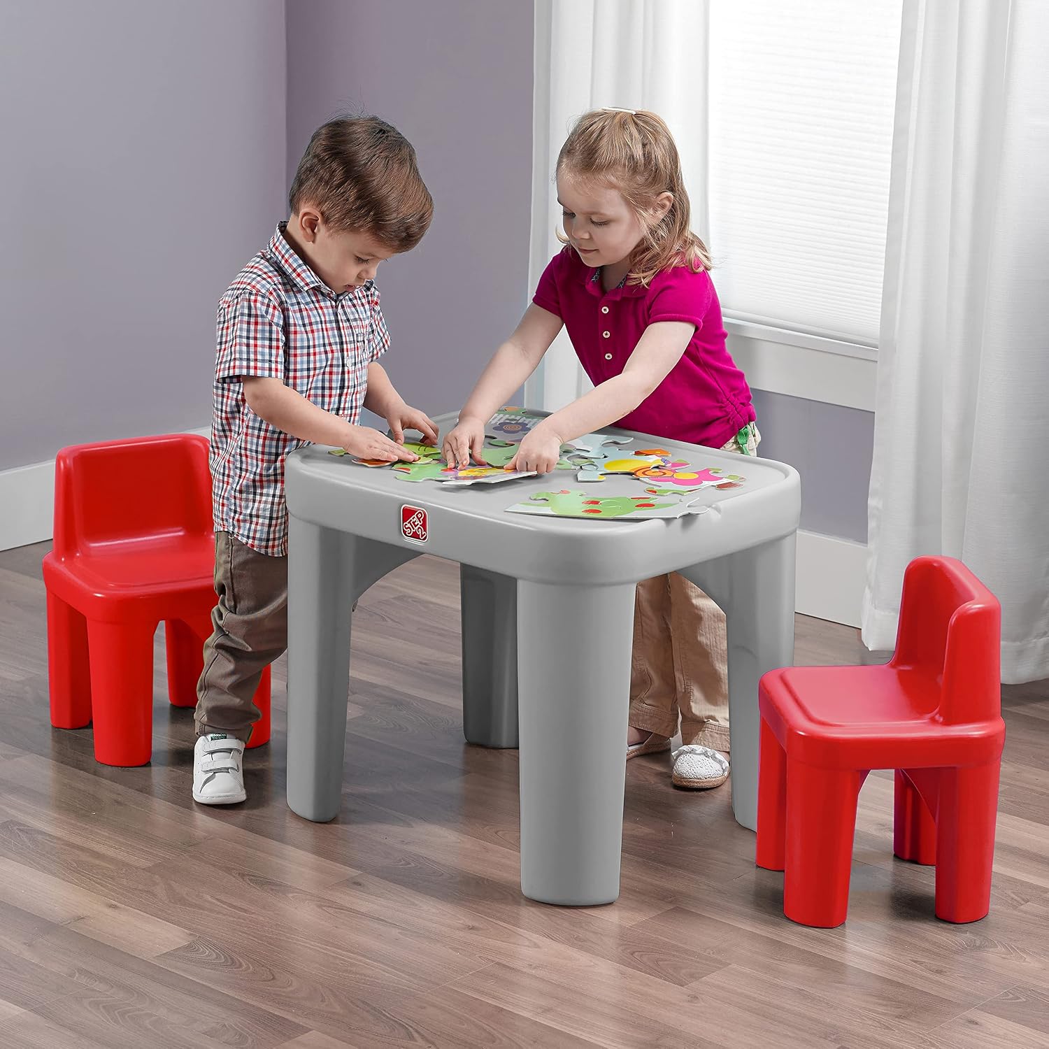 Step2 Mighty My Size Kids Table & Chair Set, Playroom Activity Table for Arts & Crafts, Made of Durable Plastic, For Toddlers 2+ Years Old, Gray & Red