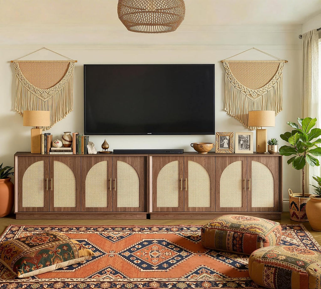 FORTUNETEC 63.8" Sideboard Buffet Cabinet with Storage, Natural Walnut | Accent Cabinet with Arched Doors, Boho Modular Media Console, Credenza for Living Room Kitchen Dining Room Entryway