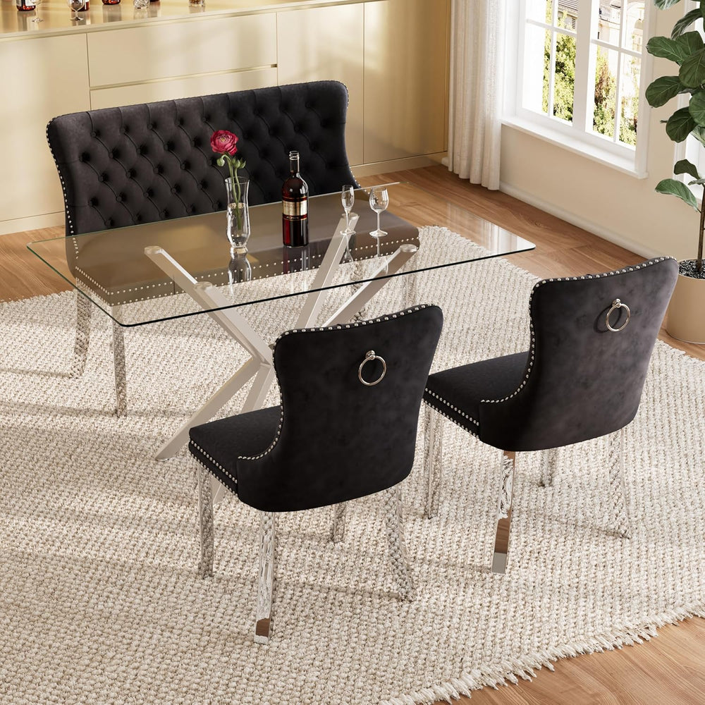 yeag Modern Rectangular Glass Dining Table Set, 47" Clear Tempered Glass...