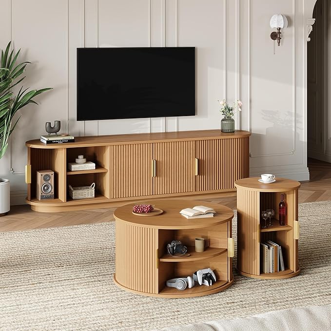 Wooden TV Stand & Coffee Table Set with Fluted Sliding Door for TVs up to 75", Golden Handles Media Console with Cable Hole, Farmhouse Round Center Table for Living Room, Natural, Teak
