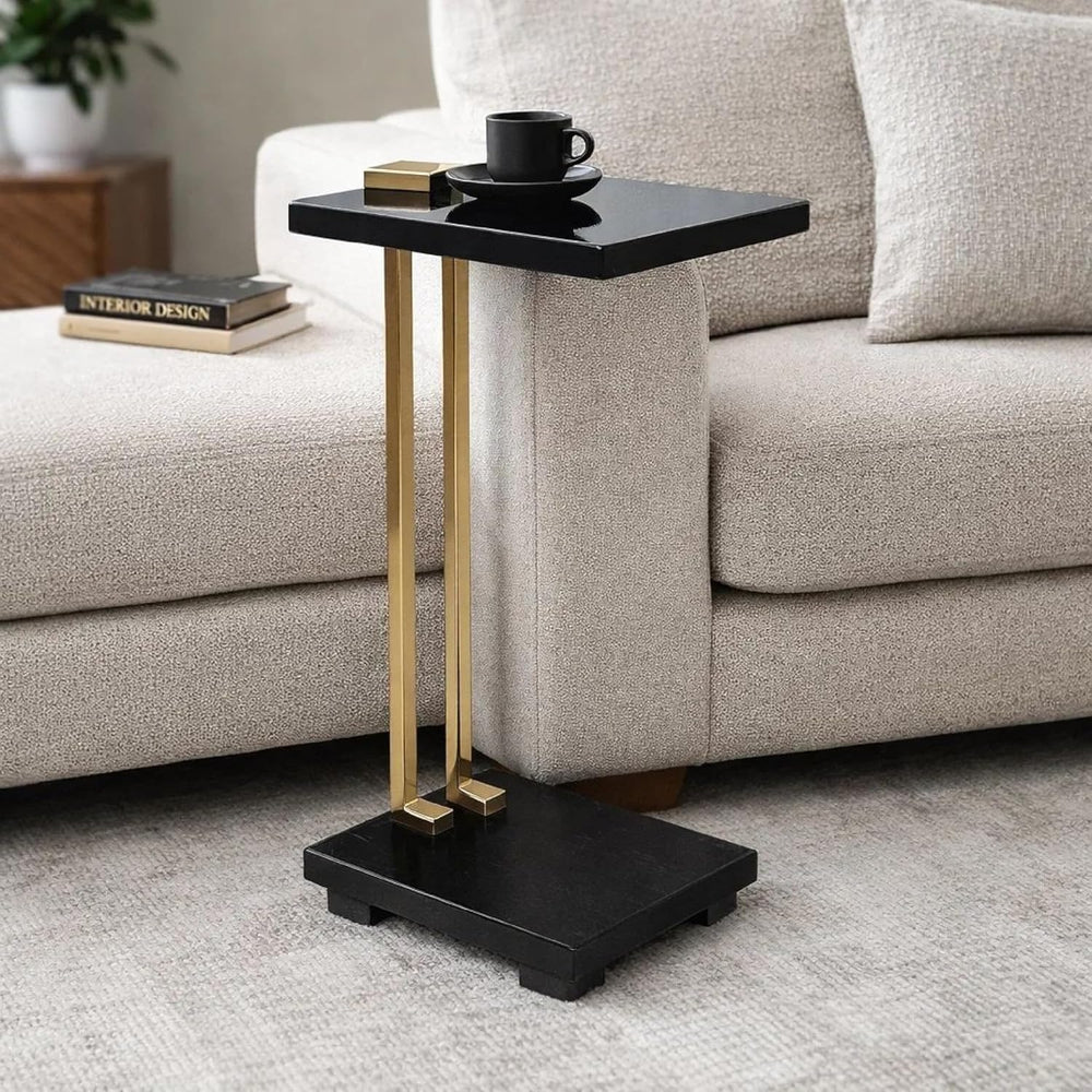 Benzara Dani Side End Table, Square Black Marble Top and Base, C Shape, 13 Inch
