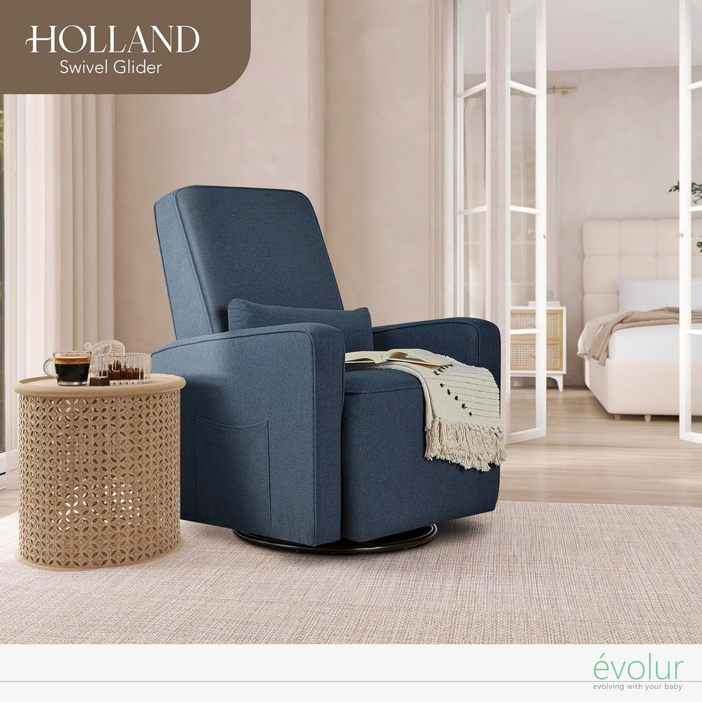 Evolur Holland Upholstered Plush Seating Glider Swivel, Glider Chair for Nursery in Navy, Modern Nursery Glider, Tool-Free Assembly, Easy to Clean, Environmentally Conscious Glider