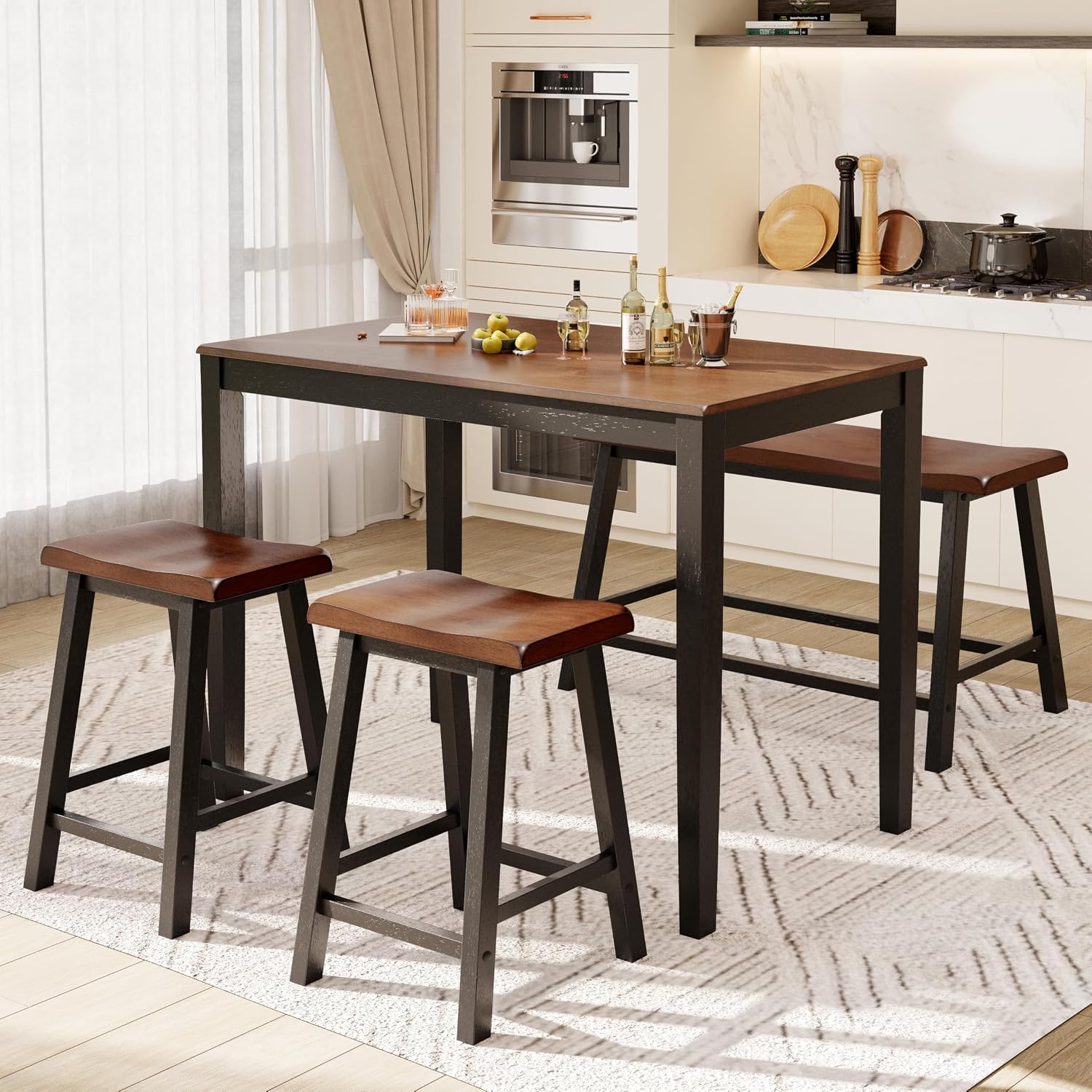PHI VILLA Dining Table Set for 4, Kitchen Table Set with Bench and Chairs, Solid Wood Counter Height Bar Table and Chairs, Small Breakfast Table Set, Walnut with Black