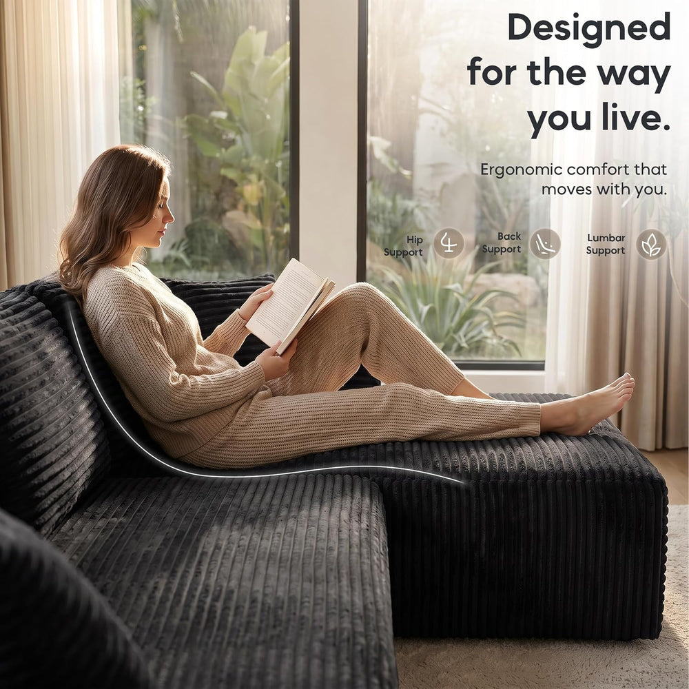 133" U-Shaped Modular Sectional Sofa, Corduroy Couch, Black | Cloud Luxu...