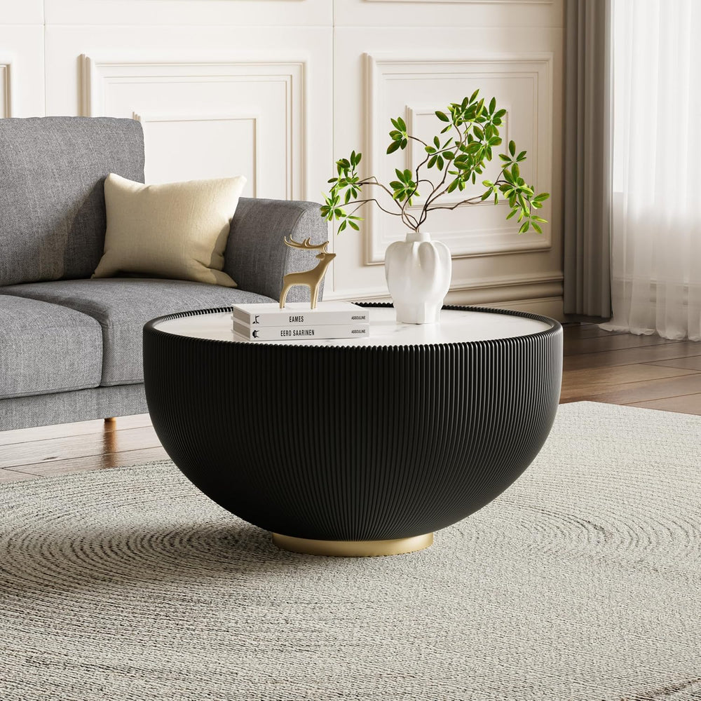 27.55" Black Round Coffee Table, Drum Coffee Table with Sintered Stone T...