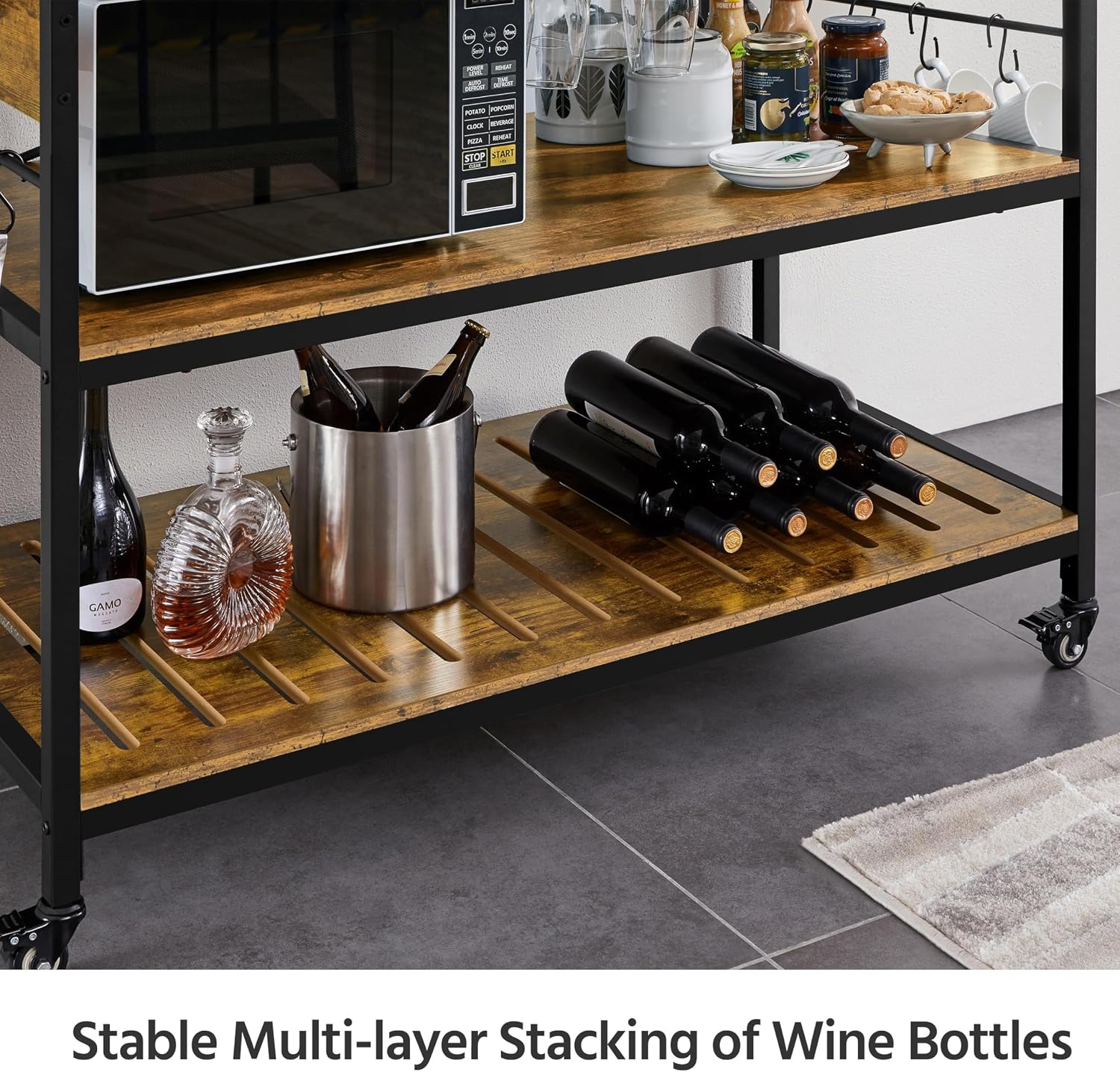 Yaheetech 47.5 Inches Kitchen Island with Storage, 3 Shelves, Rustic Brown | Rolling Kitchen Island With Power Outlet, Kitchen Island on Wheels with Wine Rack & Glass Holder & Hooks for Dining Room/Bar
