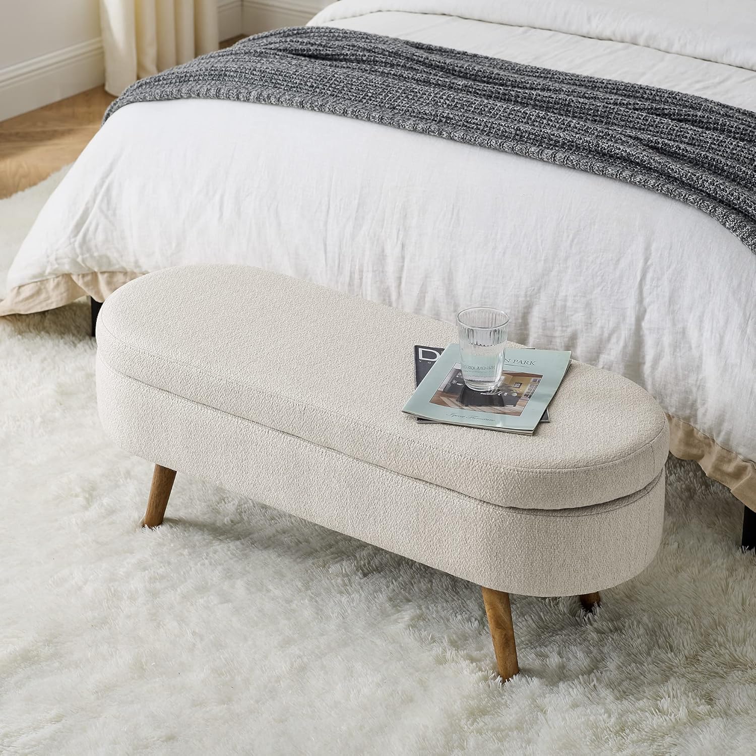 43.5" Oval Storage Bench, End of Bed Storage Benches, Linen Fabric Upholstered Ottoman Bench with Safety Hinge for Living Room Entryway Bedroom Hallway (Beige, 43.5 inch)