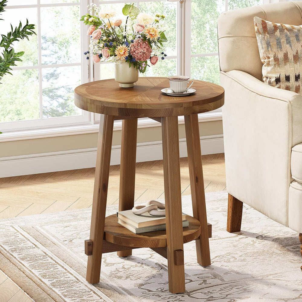 Solid Wood Side Table for Living Room, Small Round End Table with 2-Tier Stor...