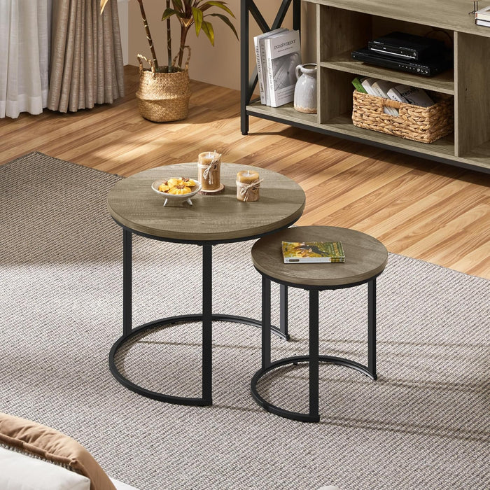 Yaheetech Round Nesting Coffee & Side Table Set of 2 for Living Room, Gray | Space-Saving Nesting Design, Engineered Wood Tops on Black Metal Frames, Use Apart as End Tables, Easy Assembly, 99 lb Max
