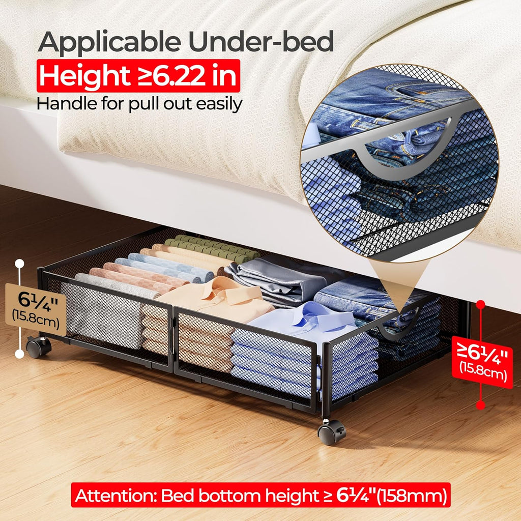 Yecaye Under Bed Storage with Wheels, 2 Pack Under Bed Shoe Storage Organizer Drawer, Tool-free Assembly Metal Underbed Storage Containers for Clothes, Shoes, Toys, Black