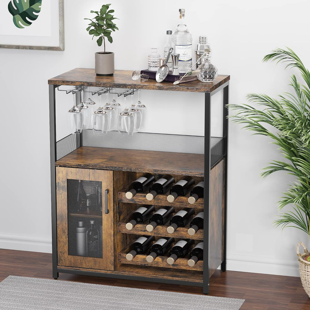 IDEALHOUSE 3-Tier Wine Bar Cabinet with Detachable Wine Rack and Drawer, Industrial Sideboard and Buffet Cabinet with Glass Holder and Mesh Door, Rustic Brown