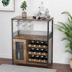 IDEALHOUSE 3-Tier Wine Bar Cabinet with Detachable Wine Rack and Drawer, Industrial Sideboard and Buffet Cabinet with Glass Holder and Mesh Door, Rustic Brown