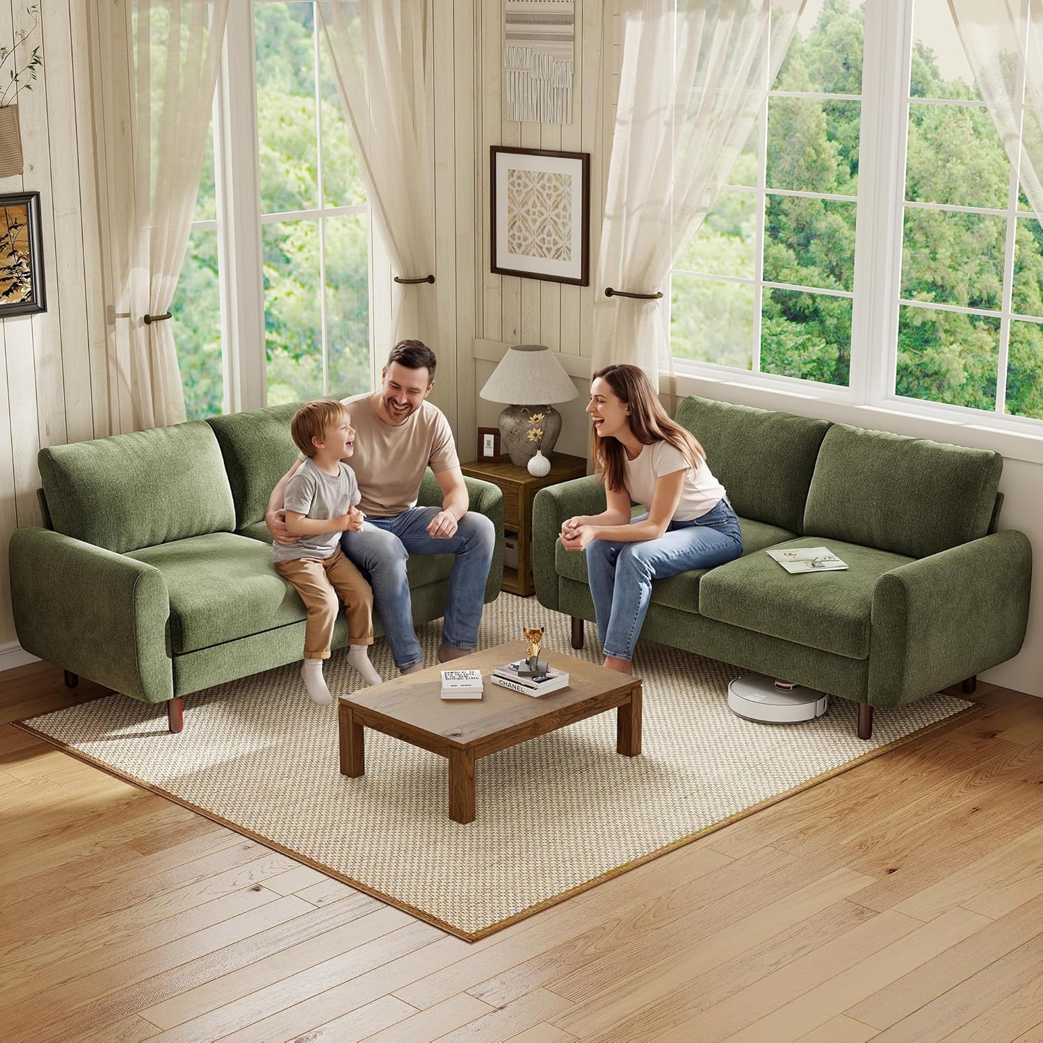 68" Loveseat Sofa, Comfy Chenille Fabric Couches for Living Room with Spring Cushion and Solid Wood Frame, Modern Deep Seat Couch for Bedroom, Apartment, Office, Easy Assembly,Green
