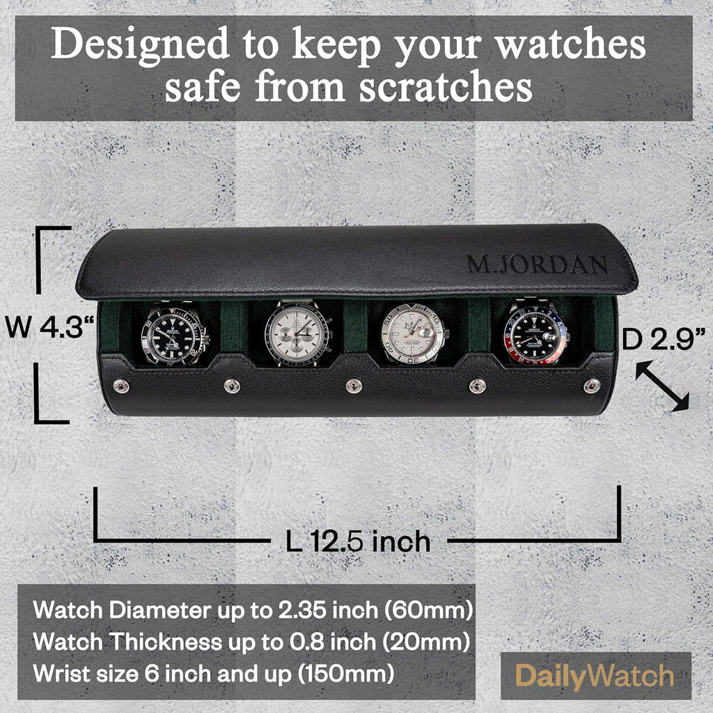 DailyWatch | Personalized Watch Roll Travel Case For 4 Watches - Handmade Genuine Leather Travel Case With Custom Engraving of Name or Initials - Black Green