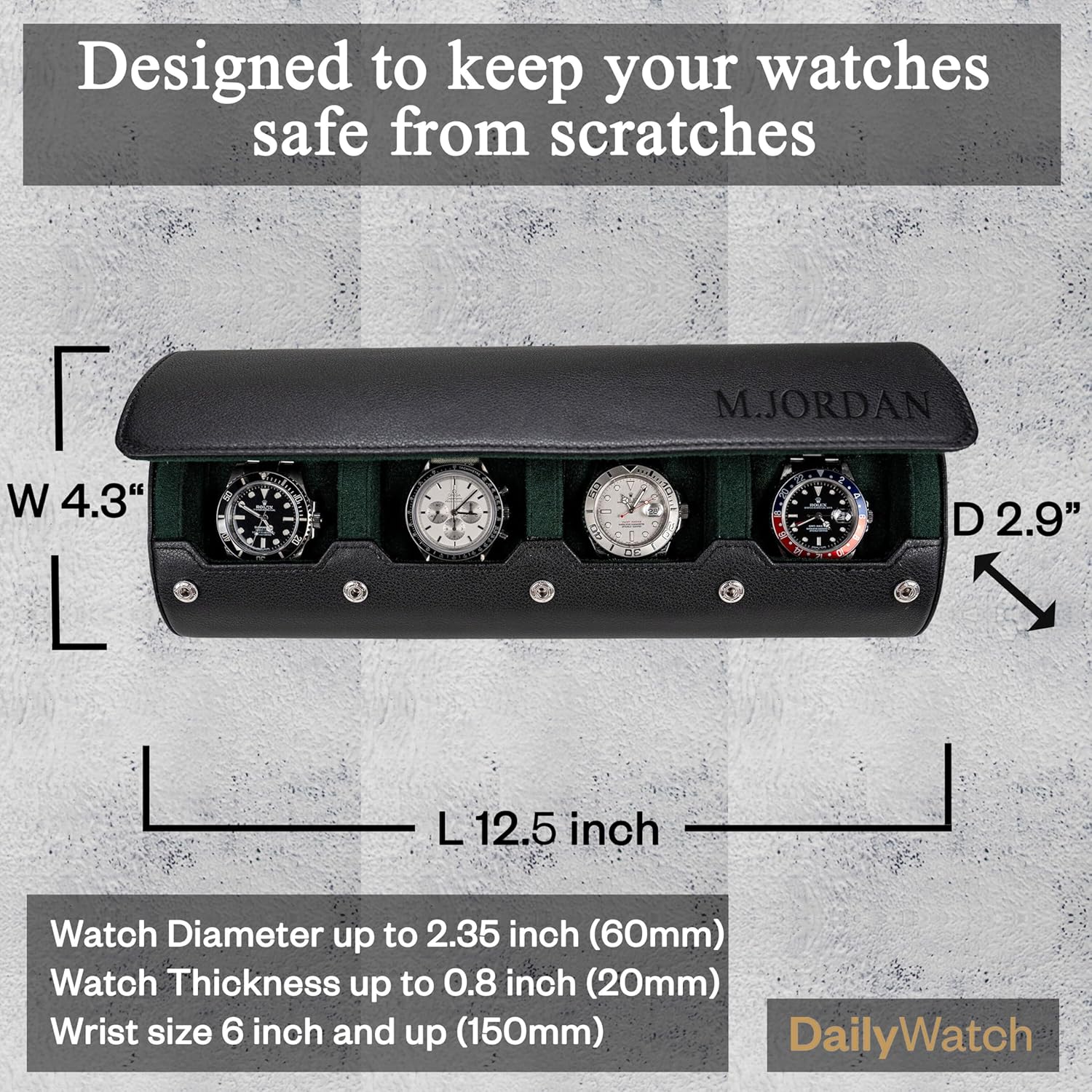 DailyWatch | Personalized Watch Roll Travel Case For 4 Watches - Handmade Genuine Leather Travel Case With Custom Engraving of Name or Initials - Black Green