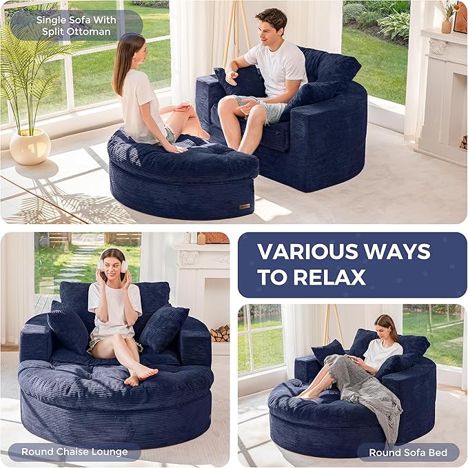 MAXYOYO L Shape Sectional Sofa Couch and Round Chaise Lounge, Modern Cloud Couch with Ottoman, Comfy Sofa with Layered Cushion, Tufted Upholstered Sleeper Chair for Living Room, No Assembly Required