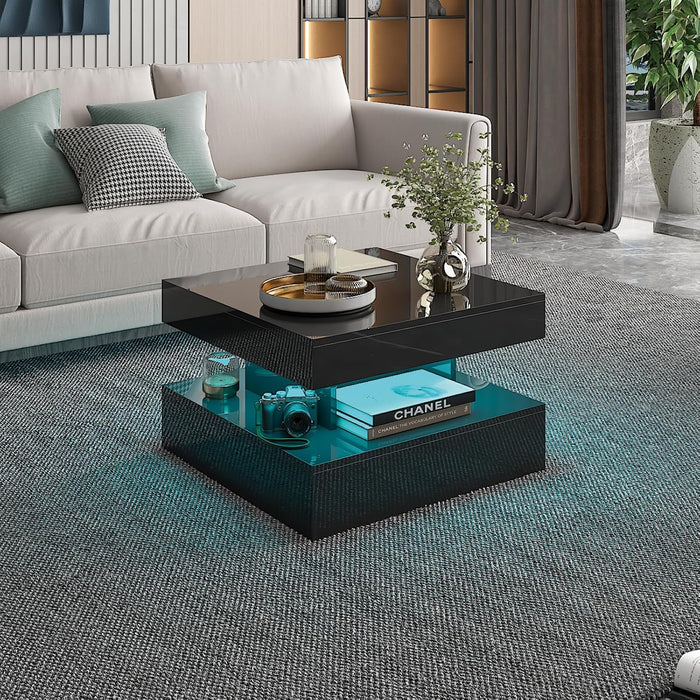HedoAjim Small Black Led Coffee Table for Living Room, 23.6" Wood Square 2-Tier Storage Modern Center Table, Modern High Glossy Wooden Coffee Tables for Small Space