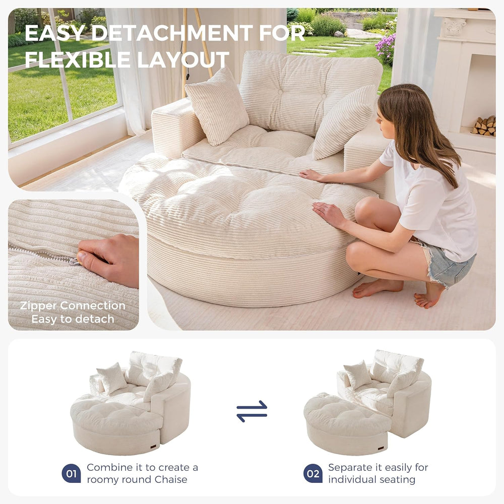 MAXYOYO Oversized Round Chaise Lounge Sofa, Floor Chair with Ottoman | Beige ...
