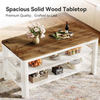 63-Inch Solid Wood Kitchen Island with Storage Shelves, Farmhouse Island Table with Seating, Counter Height Bar Table for Dining Room, Kitchen, Easy to Assemble, White and Brown