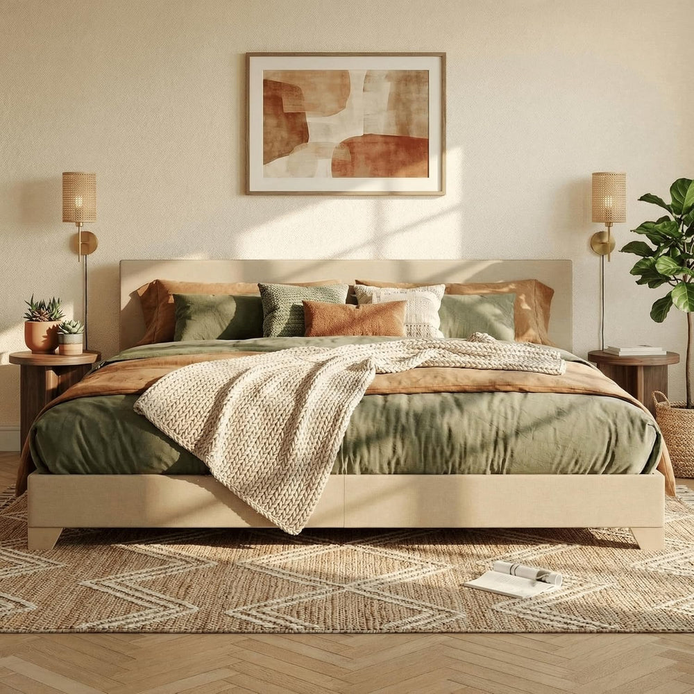 SHA CERLIN Linen Upholstered King Size Bed Frame with Headboard, Beige
