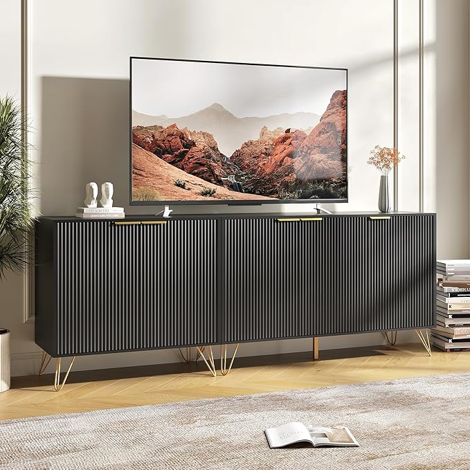 TV Stand for 75 inch TV Modern Entertainment Center Cabinet with 5 Doors Wood Media Console Storage Cabinets for Living Room Bedroom, Black