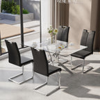 5-Piece Dining Table Set for 4, Modern Rectangular Glass Table with 4 Upholstered Leather Chairs, Space-Saving Dining Room Furniture Table & Chair Sets for Small Spaces&Apartment(Black&Silver)