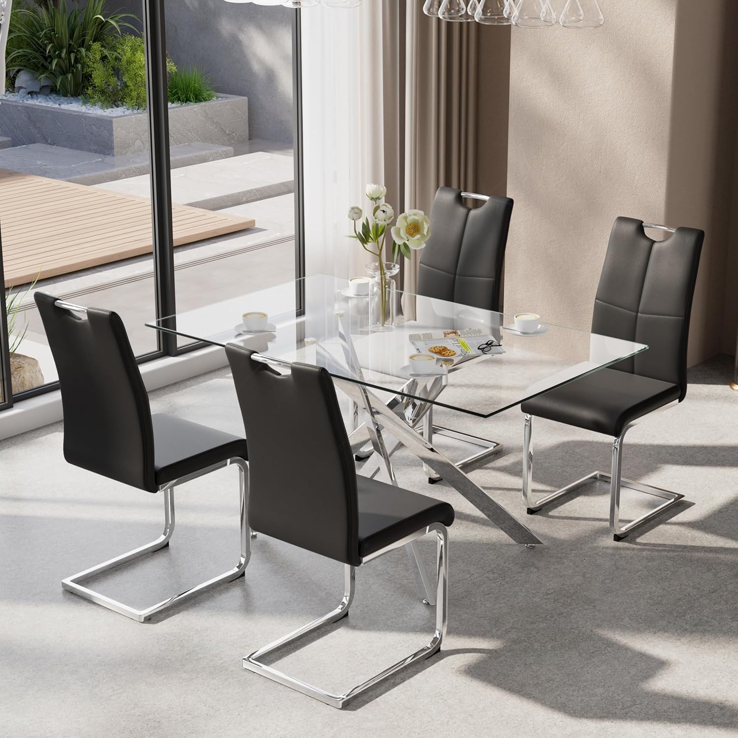 5-Piece Dining Table Set for 4, Modern Rectangular Glass Table with 4 Upholstered Leather Chairs, Space-Saving Dining Room Furniture Table & Chair Sets for Small Spaces&Apartment(Black&Silver)