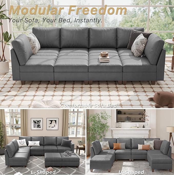 SITJOY 118" Faux Leather Modular Sectional Sofa with Storage, Mid Century Modern Sectional Couches for Living Room, Soft Padded Armrests, 8 Seat Sofa Bed, Gray