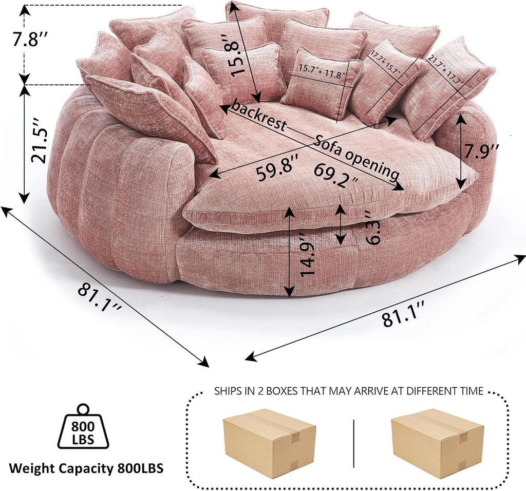 81.1in Extra Wide Round Boneless Sofa, Oversized Round Chaise Lounge Comfy, Upholstered Cloud Chenille Sleeper Lounge Chair with 14 Pillows for Living Room