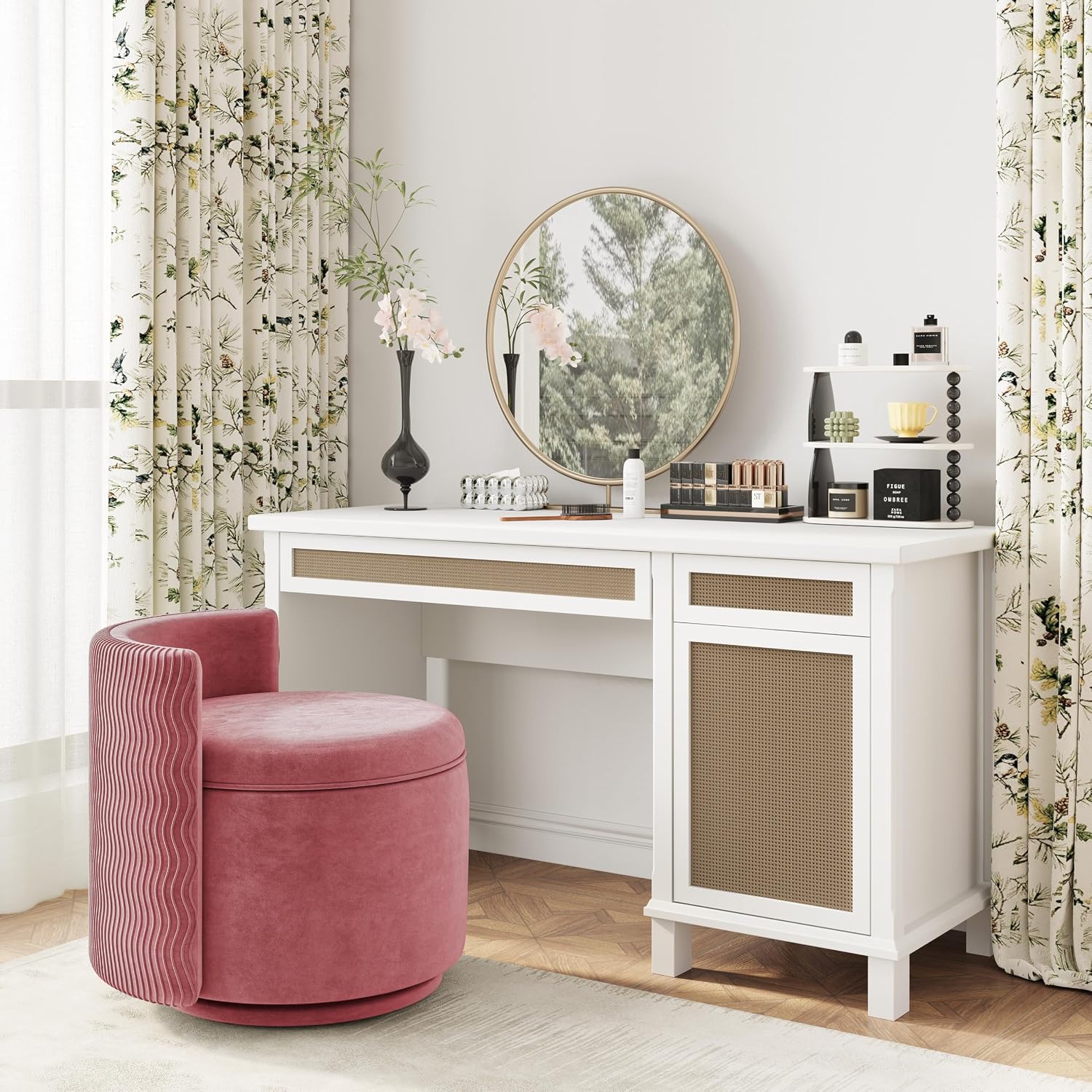 allamazing 360° Swivel Accent Chair with Storage, Vanity Stool with Back, Velvet Storage Ottoman, Upholstered Round Barrel Vanity Chair for Living Room, Makeup Room, Bedroom (Dusty Rose)