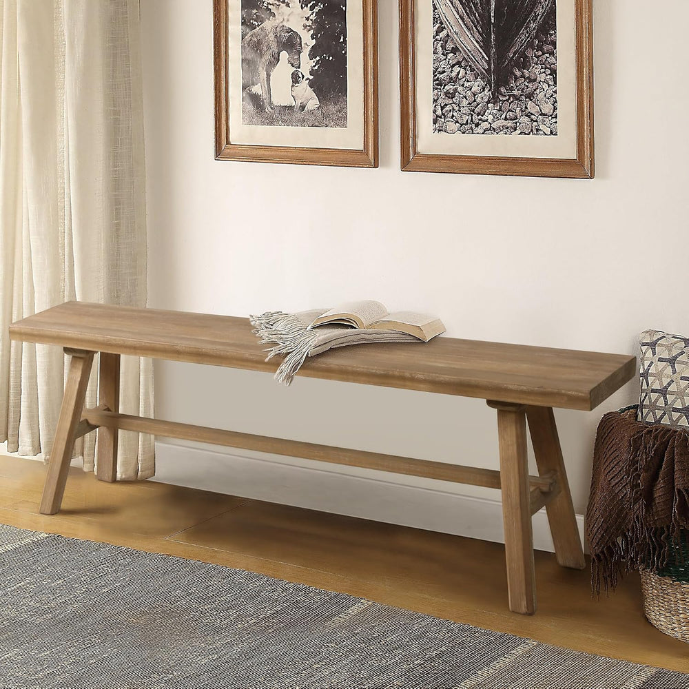 Wnutrees 55" Farmhouse Solid Wood Bench, Rustic Dining Entryway Bench | ...
