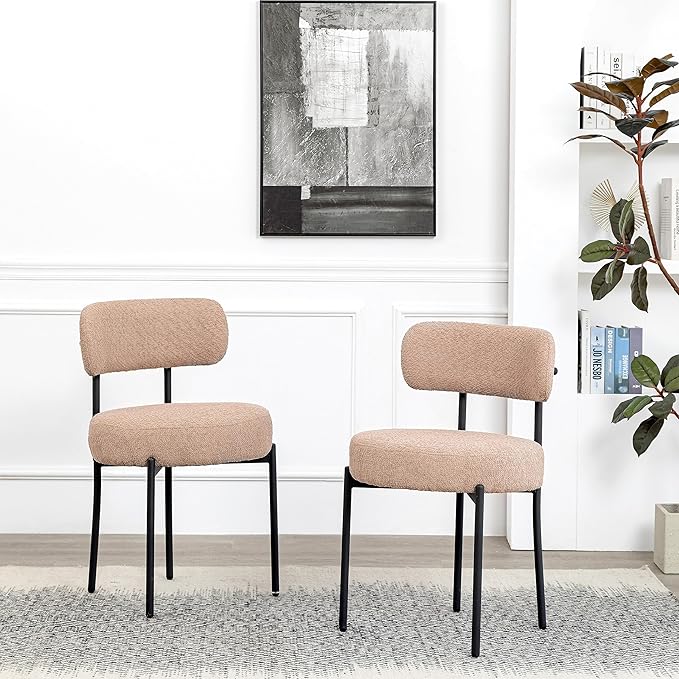 DYHOME Boucle Dining Chairs Set of 4, Upholstered Kitchen Dining Room Chairs, Side Chairs with Thick Cushions and Metal Legs for Kitchen Living Room, Camel Color
