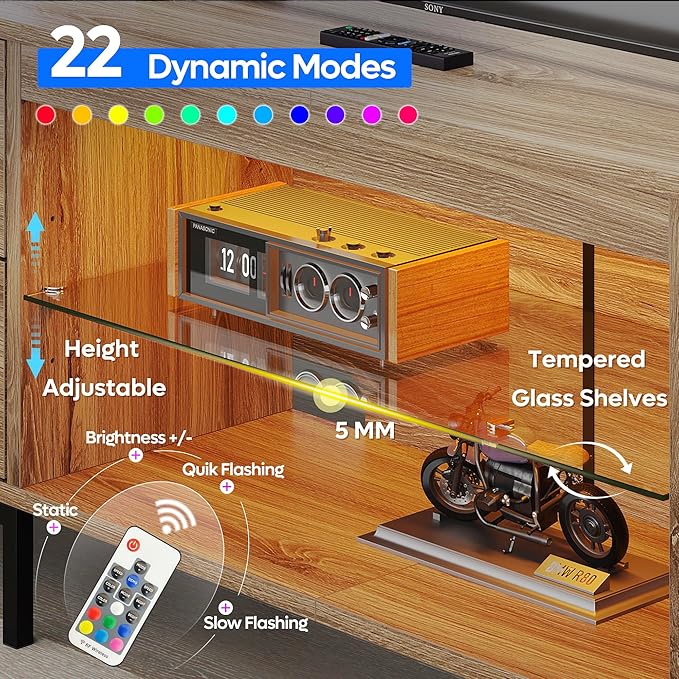 Bestier TV Stand for 75/80/85 inch TV, LED Gaming Entertainment Center, Modern TV Cabinet with Glass Shelves for Living Room, Media Console with 2 Storage Drawers & Cabinets for Bedroom, Pinewood