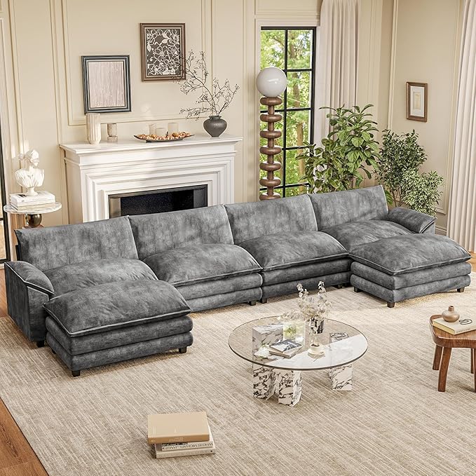 Furniwell 159" Modern Couches Sectional Sofa with Movable Ottoman, U Shaped Sofa Couch with Comfy Chenille and Deep Seat, 4-Seat Cloud Couch for Living Room, Bedroom and Apartment
