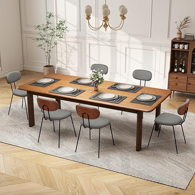 LSSPAID Dining Chairs Set of 6, Linen Fabric Upholstered Dining Room Chairs with Walnut Bentwood Back, Mid-Century Modern Kitchen Chairs with Adjustable Feet Pads, Grey