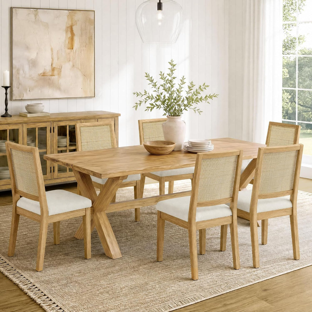 KISLOT Natural Rattan Dining Chairs Set of 6, Soild Wooden Chairs, Natural