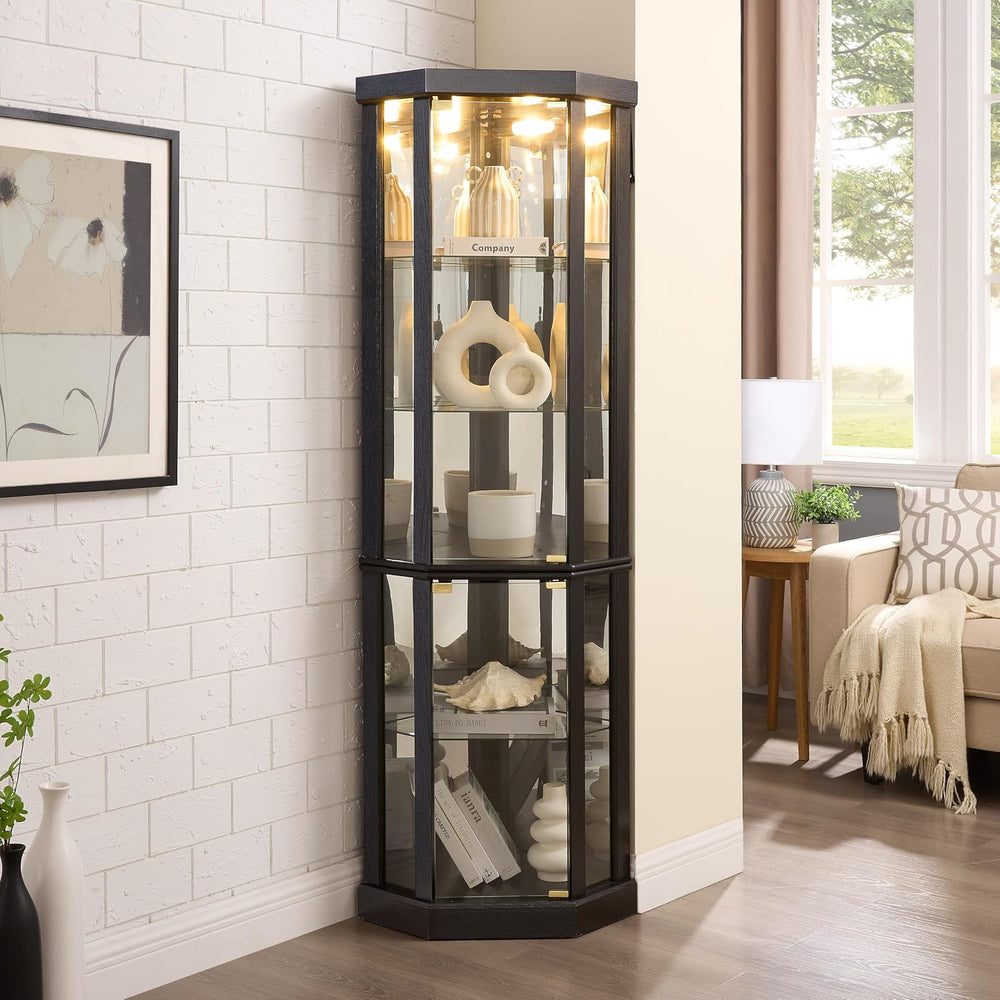 Lighted Corner Curio Cabinet - Elegant Glass Display Case for Living Room &am...