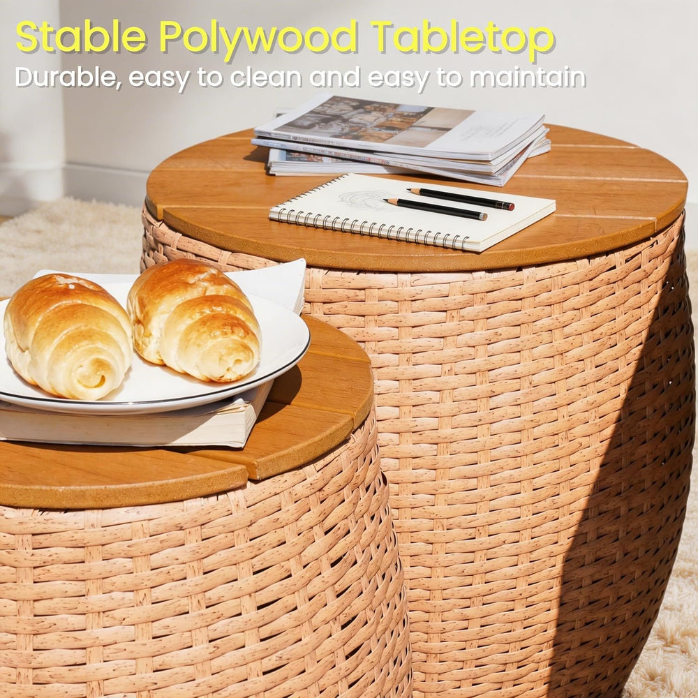 Wicker Side Table Set of 2, Round End Tables with Storage Basket, Multifuncti...