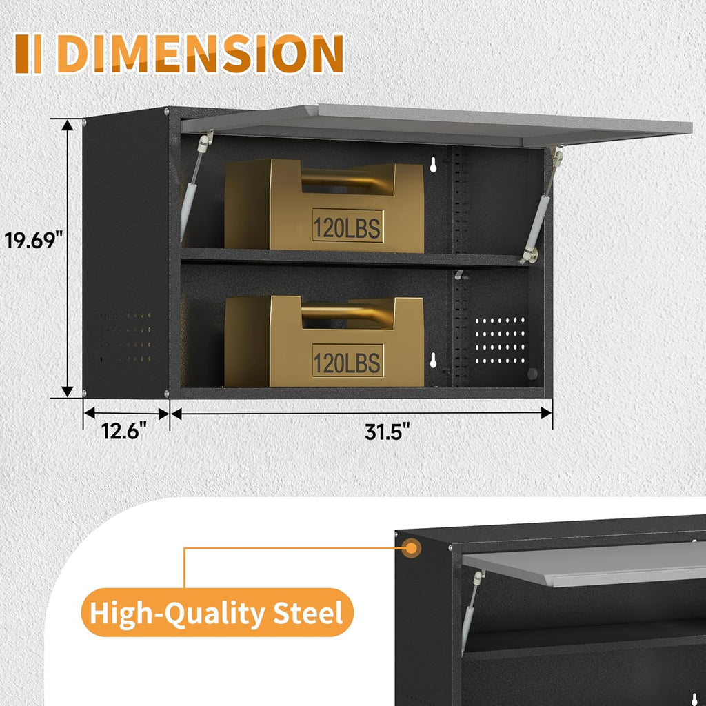 Metal Garage Wall Cabinet with Up-Flip Door, Float Tool Cabenit with Adjustable Shelf,Steel Wall-Mounted Storage Cabinet with Pegboard for Kitchen,Garage,Workshop,Warehouse(19.7"H,Black&Gray)