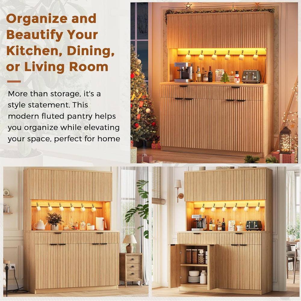 Jocoevol Fluted Kitchen Pantry Storage Cabinet with Charging Station/LED Ligh...