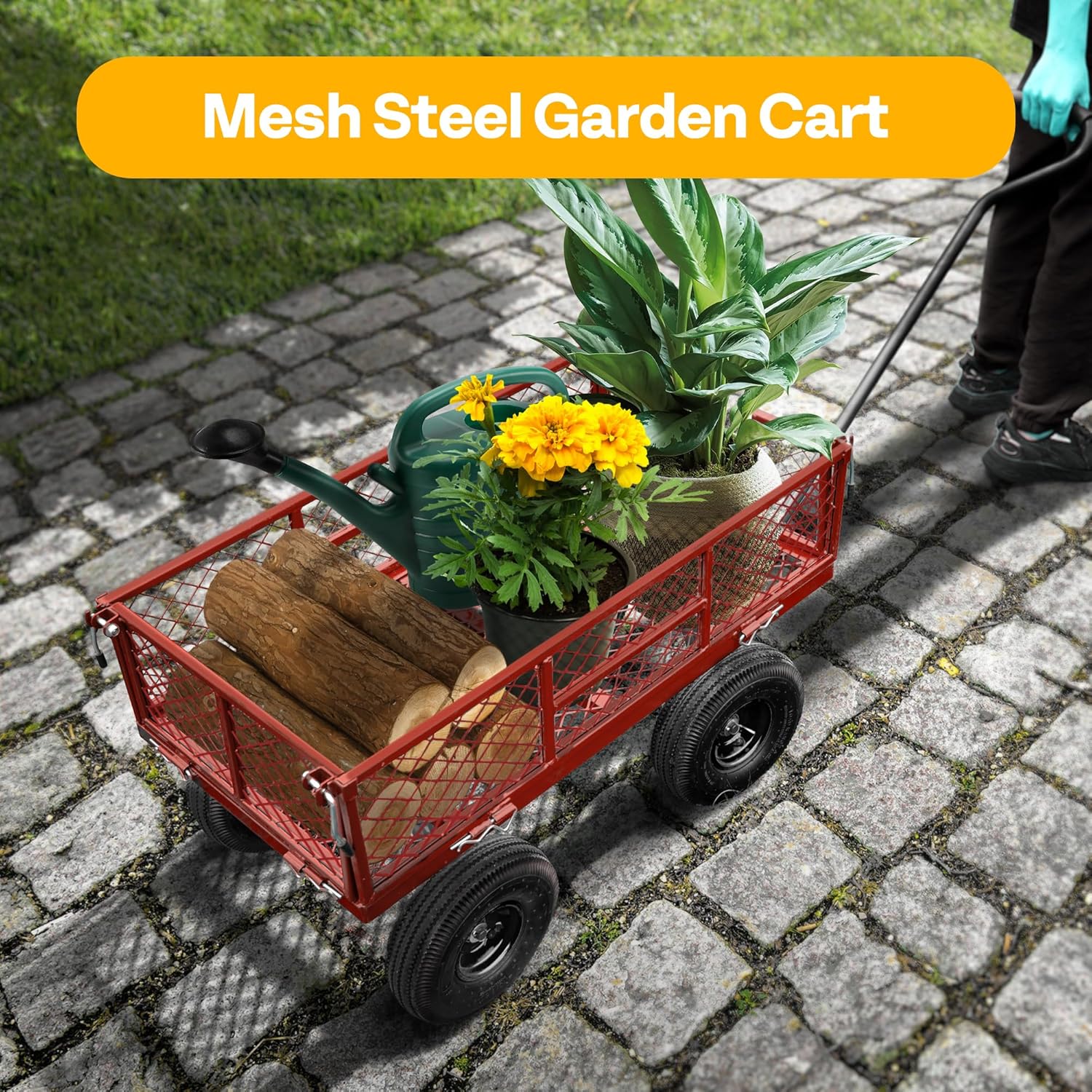 VIVOHOME Heavy Duty 880 Lbs Capacity Mesh Steel Garden Cart Folding Utility Wagon with Removable Sides and 4.10/3.50-4" Wheels 10 inch Tire(Red)