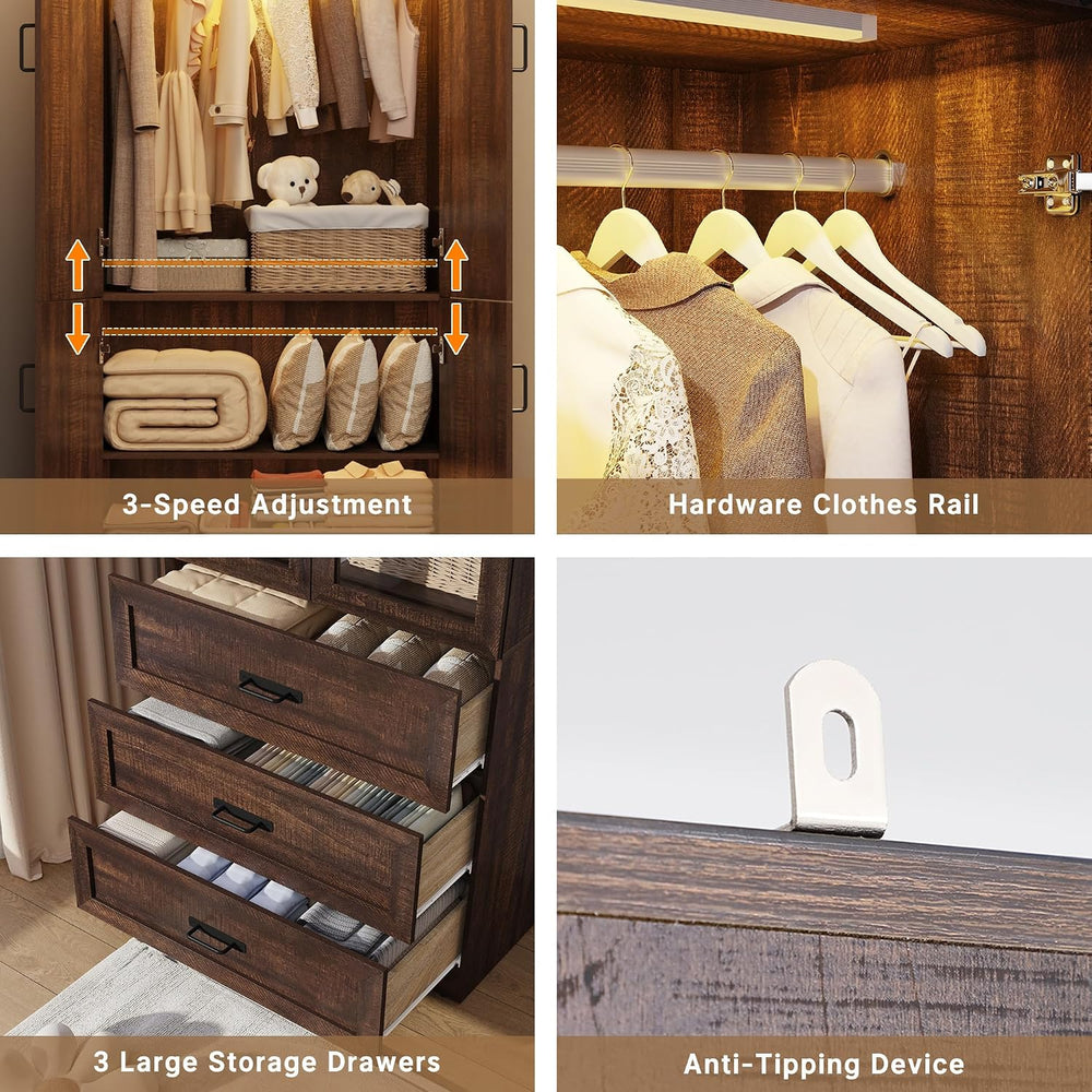 75" Tall Farmhouse 4 Doors Armoire Wardrobe Closet with 3 Drawers and LE...