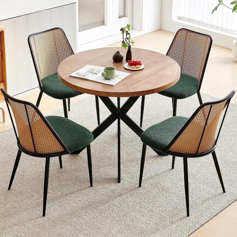 NORDICANA Dining Table Set for 4, Wooden Round Table and Wicker Chairs, 5-Pie...