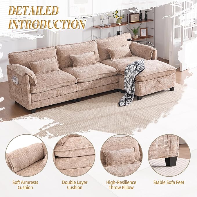 Ball & Cast Modular Sectional Sofa,L Shaped Couch with Movable Storage Ottoman,Chenille Upholstered Sofa W/USB Charging Port,Phone Holder and Side Pocket,for Living Room,Apartment,Khaki,109"